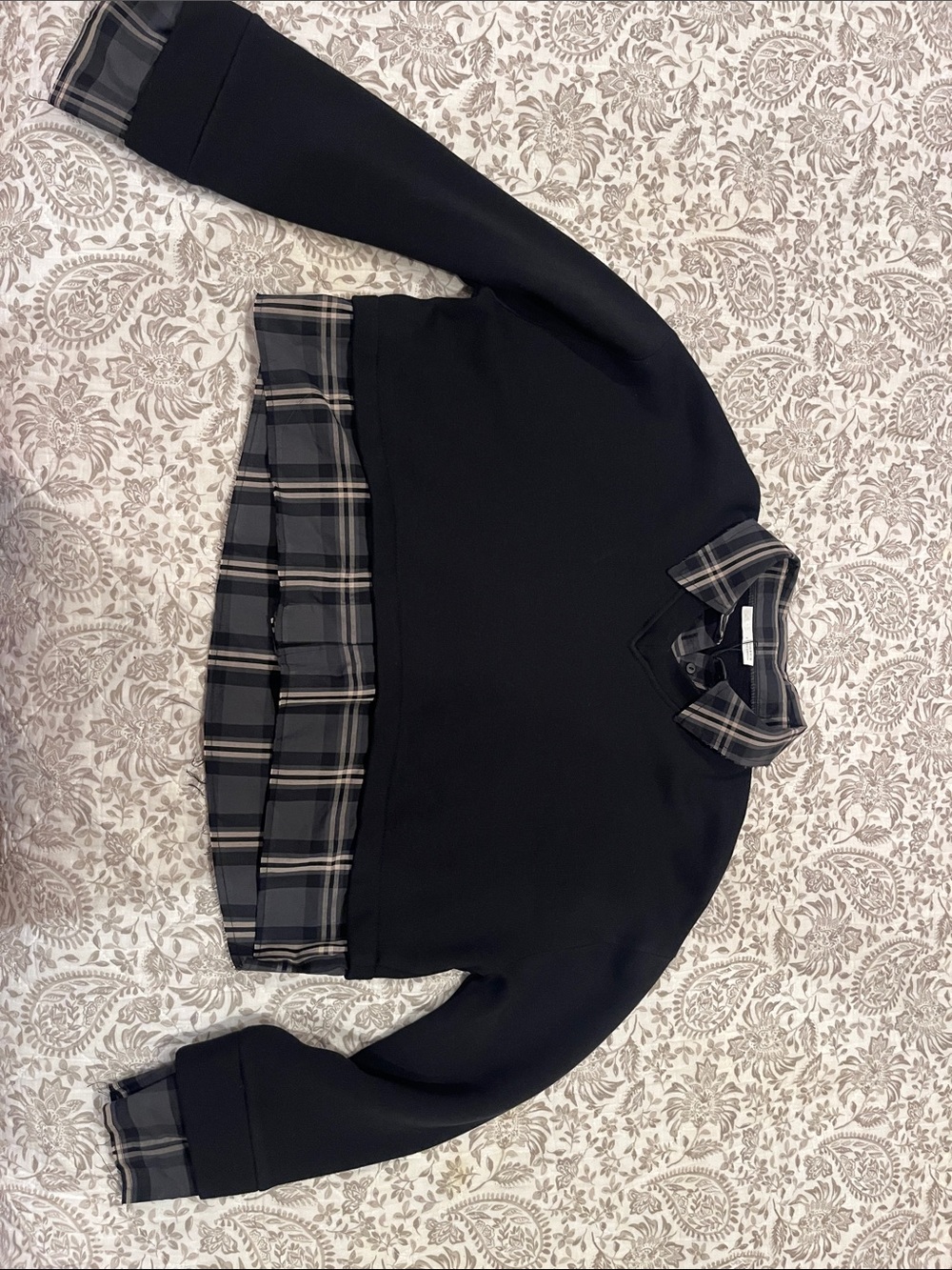 Zara Black V-Neck Sweater with Gray Plaid Faux Shirt